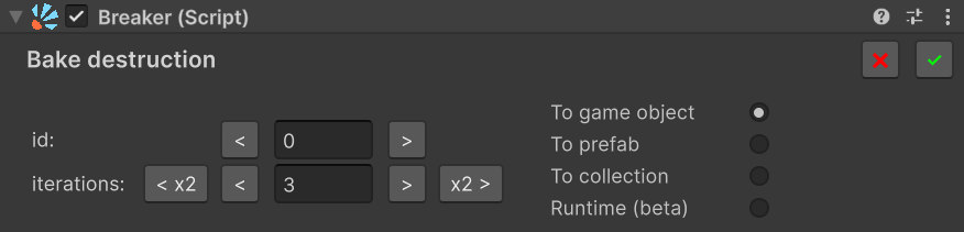 Bake dialog showing the four Target options: To game object, To prefab, To collection, Runtime (beta)
