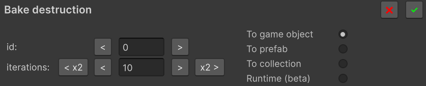 Bake dialog with Target = To game object and iterations = 10