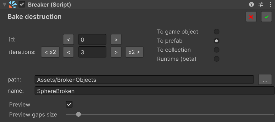 Bake Parameters block with Target = To prefab: id, iterations, path and name fields, Preview toggle