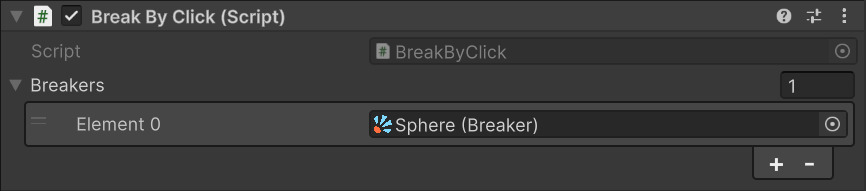 BreakByClick component in the inspector with the Breaker dragged into its Breakers array
