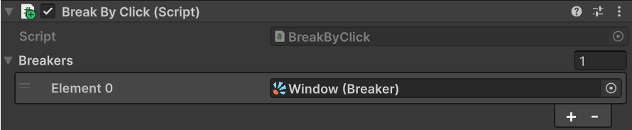 BreakByClick component on the Window GameObject with the Window Breaker dragged into the Breakers array