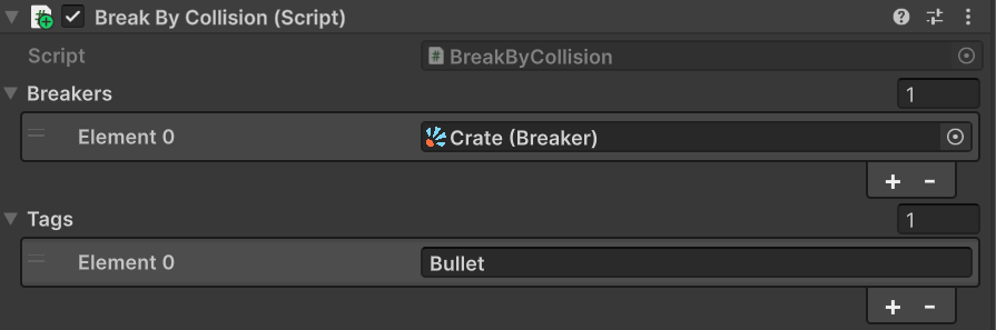 BreakByCollision component on the Crate GameObject with the Crate Breaker in the Breakers array and Bullet added to the Tags list