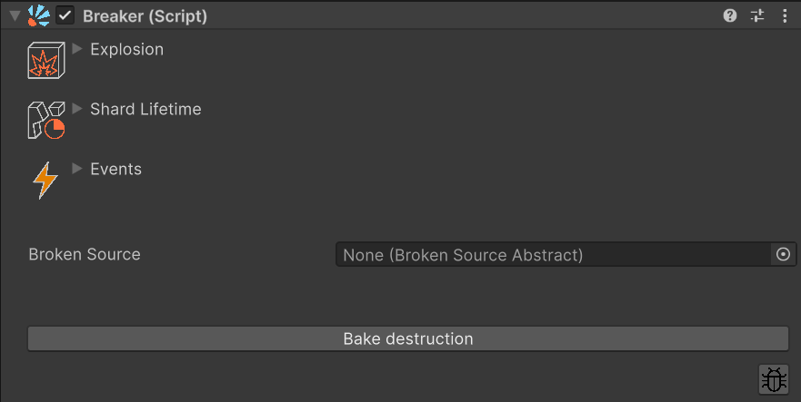 Breaker inspector right after the component is added: collapsed Explosion / Shard Lifetime / Events sections, empty Broken Source, Bake destruction button