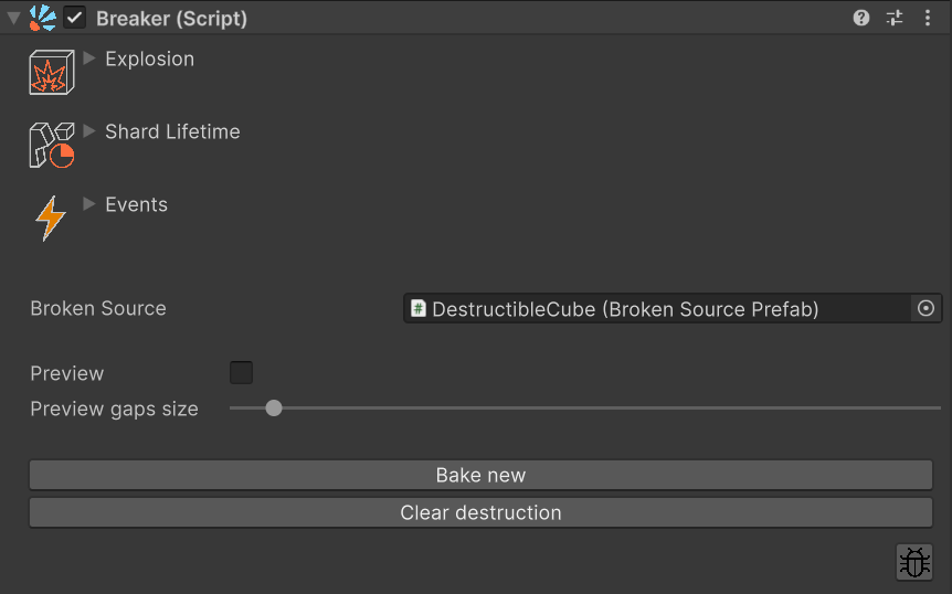 Breaker inspector with Broken Source pointing at a baked DestructibleCube prefab