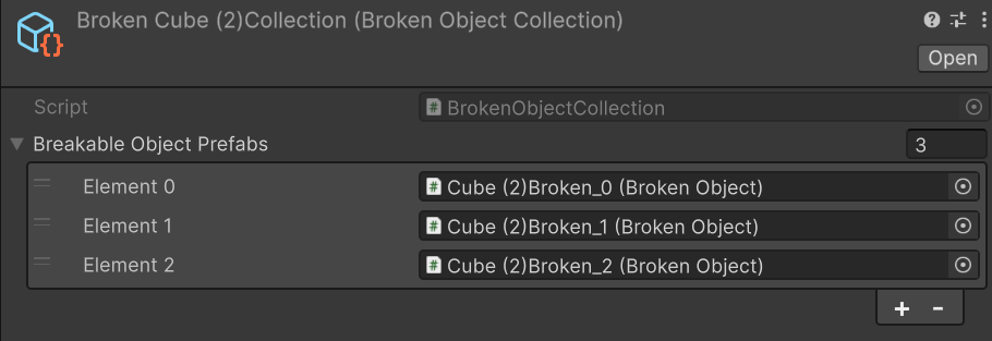 A BrokenObjectCollection asset opened in the inspector, listing its variations