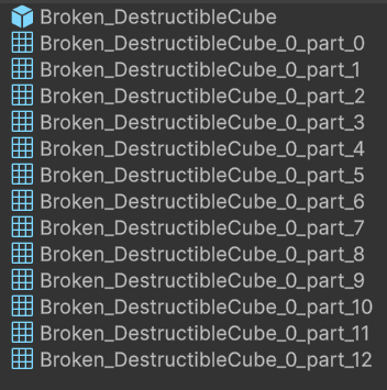 The baked broken prefab and its per-shard mesh assets sitting next to each other in the Project window
