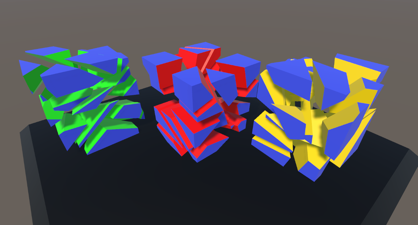 Three shatter variations of the same cube rendered side-by-side — proof that the collection holds visually distinct outcomes
