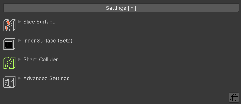 Destruction Settings block with all sub-sections (Slice Surface, Inner Surface, Shard Collider, Advanced) collapsed
