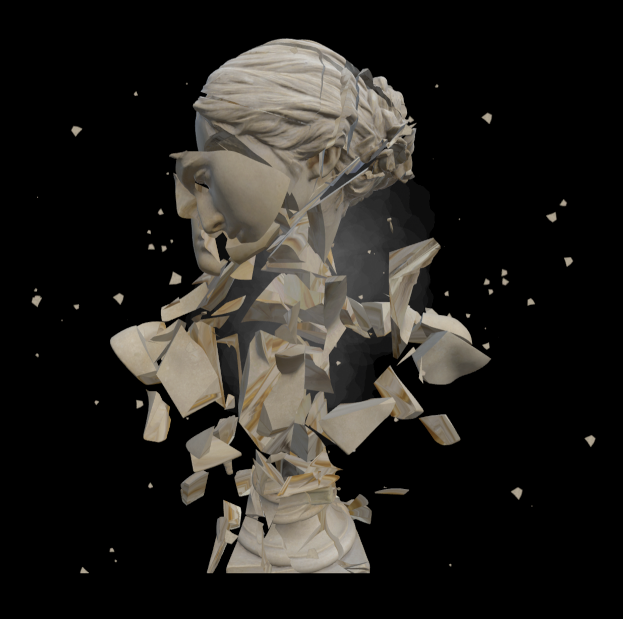 Hero shot — a marble statue shattering into shards mid-air
