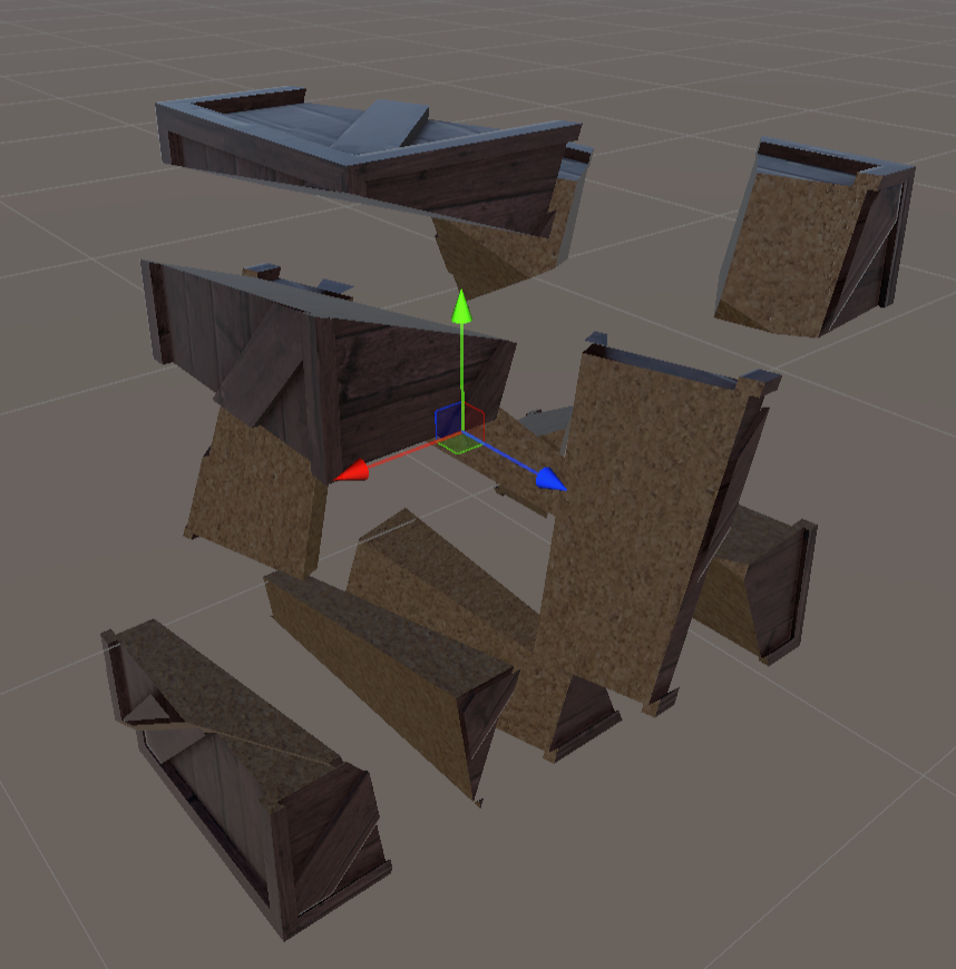 Crate broken with Inner Surface disabled — shards look like solid wood blocks, no hollow interior