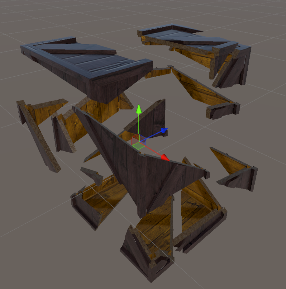 Same crate with Inner Surface enabled — shards show thin walls with visible thickness and a distinct inner material