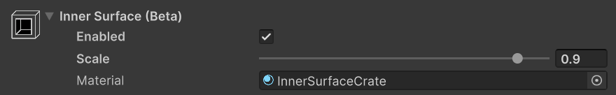Inner Surface settings in the Bake dialog — Enabled checked, Scale 0.9, Material set to InnerSurfaceCrate
