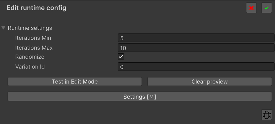 Edit runtime config panel — Runtime settings expanded (Iterations Min/Max, Randomize, Variation Id) with Test in Edit Mode and Clear preview buttons