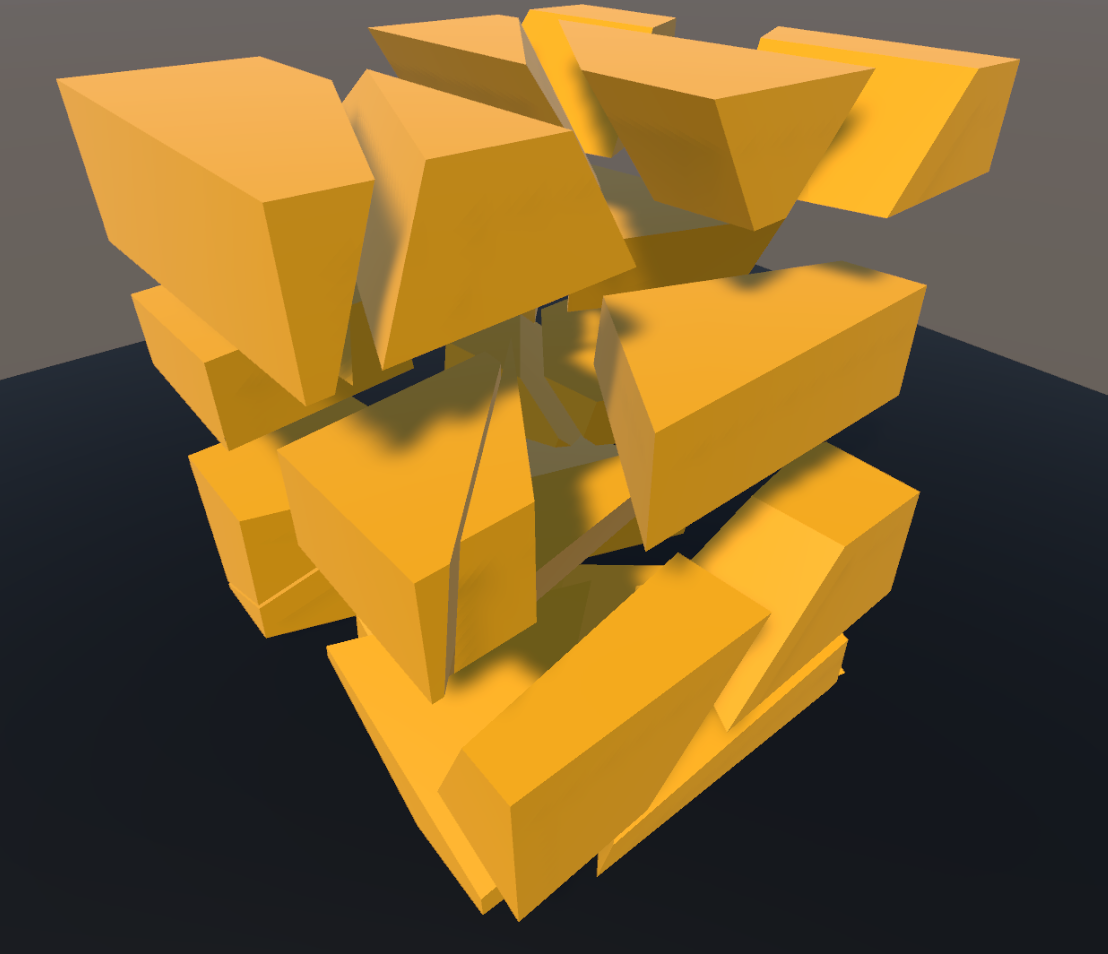 Yellow cube: Slice Surface enabled, Material left null — cut faces fall back to the mesh's outer material