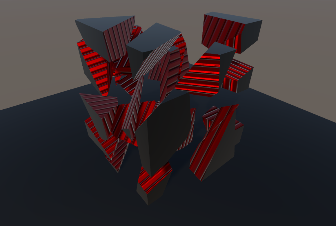 Cube with UV Mode = From Mesh and a custom red-striped interior material — original UVs reused on the cut face