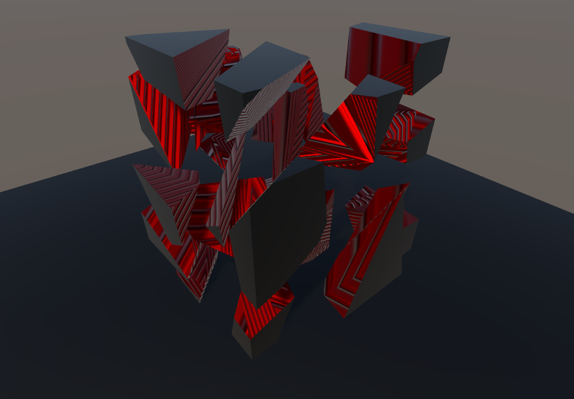 Cube with UV Mode = Generated and a custom red-striped interior material — fresh UVs projected onto the cut face