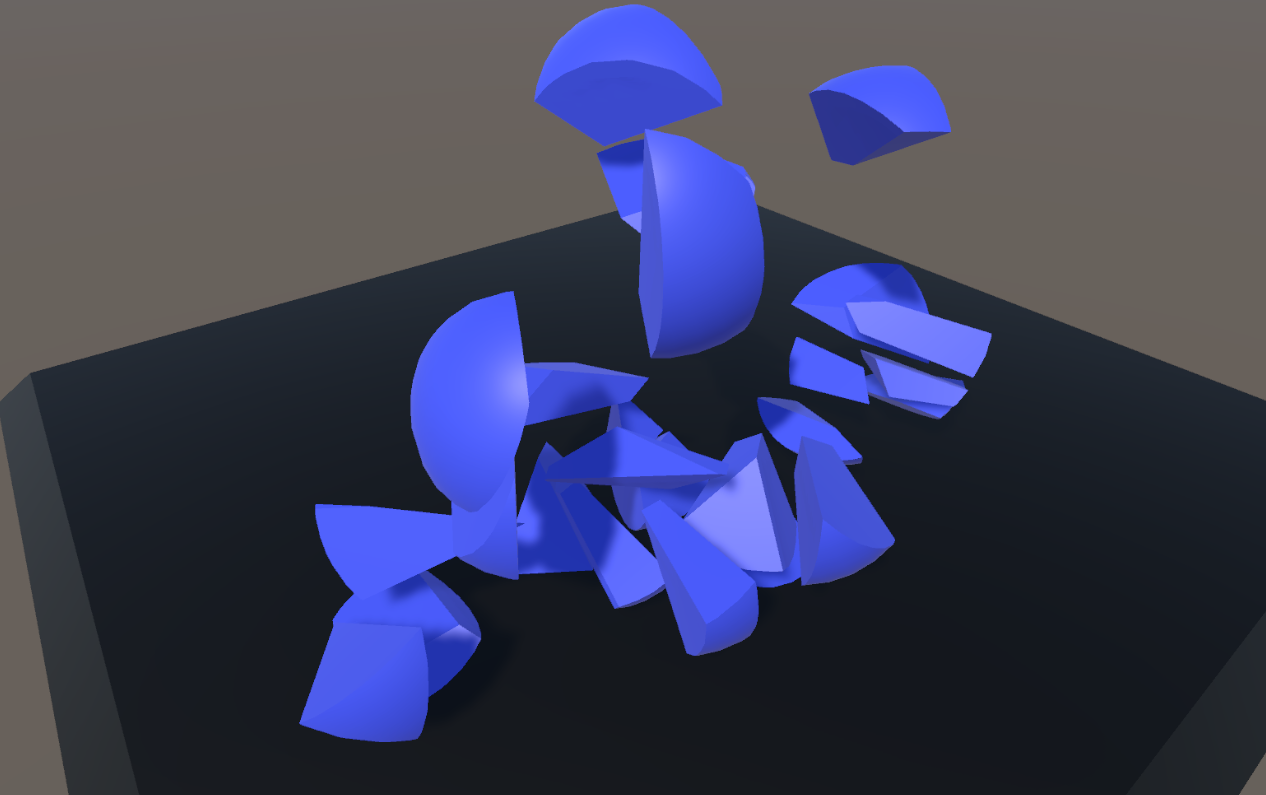 A sphere shattering into shards after a Play-mode click
