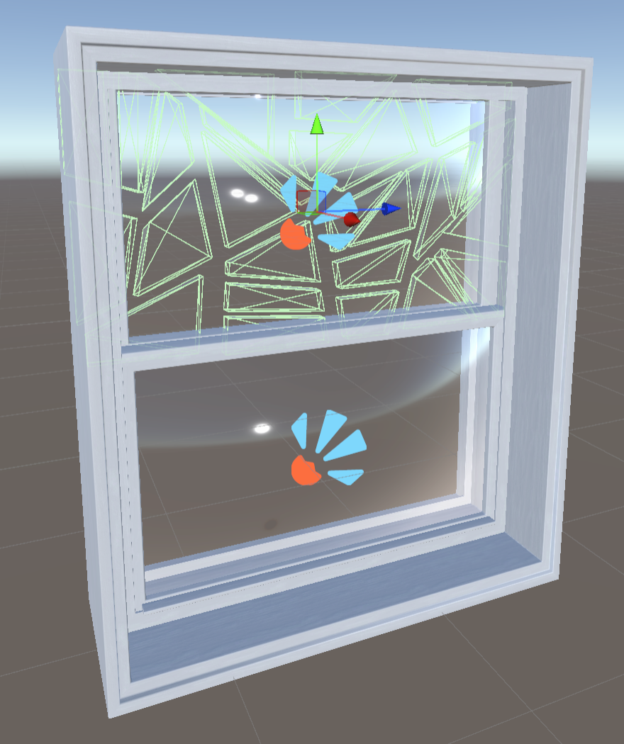 Scene View of the assembled window — frame with two glass panes, Breaker gizmos visible on Window and on each Glass
